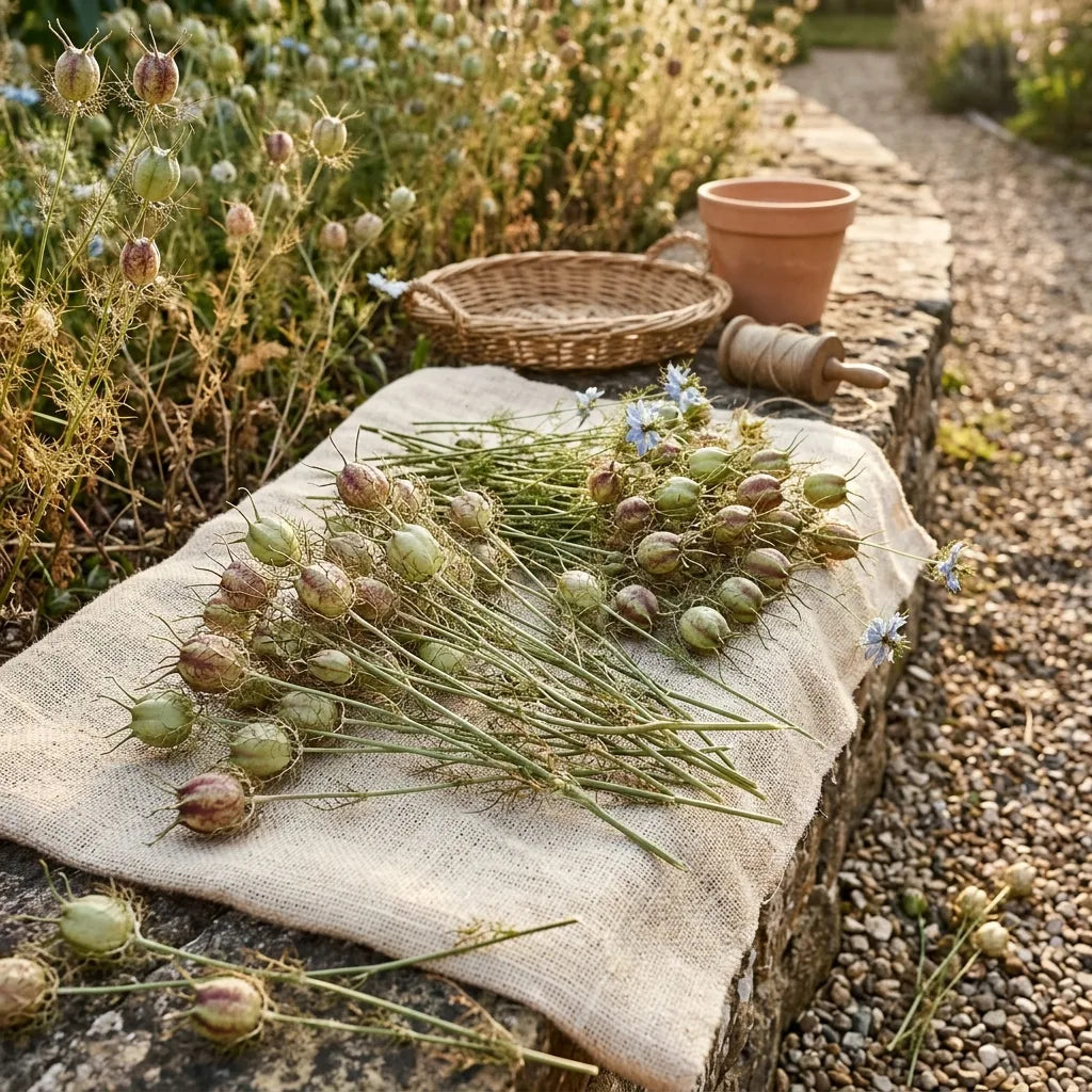 Tiges à capsules de nigelle de Damas déposées sur une toile de jute — SemiSauvage