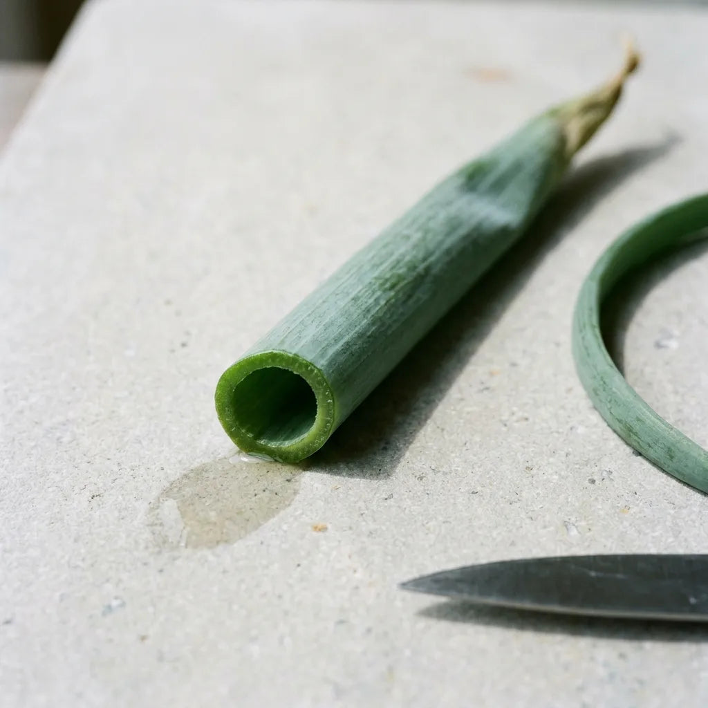 Feuille d'oignon sectionnée : la coupe montre un tube parfaitement rond et creux, trait diagnostique d'Allium cepa — SemiSauvage