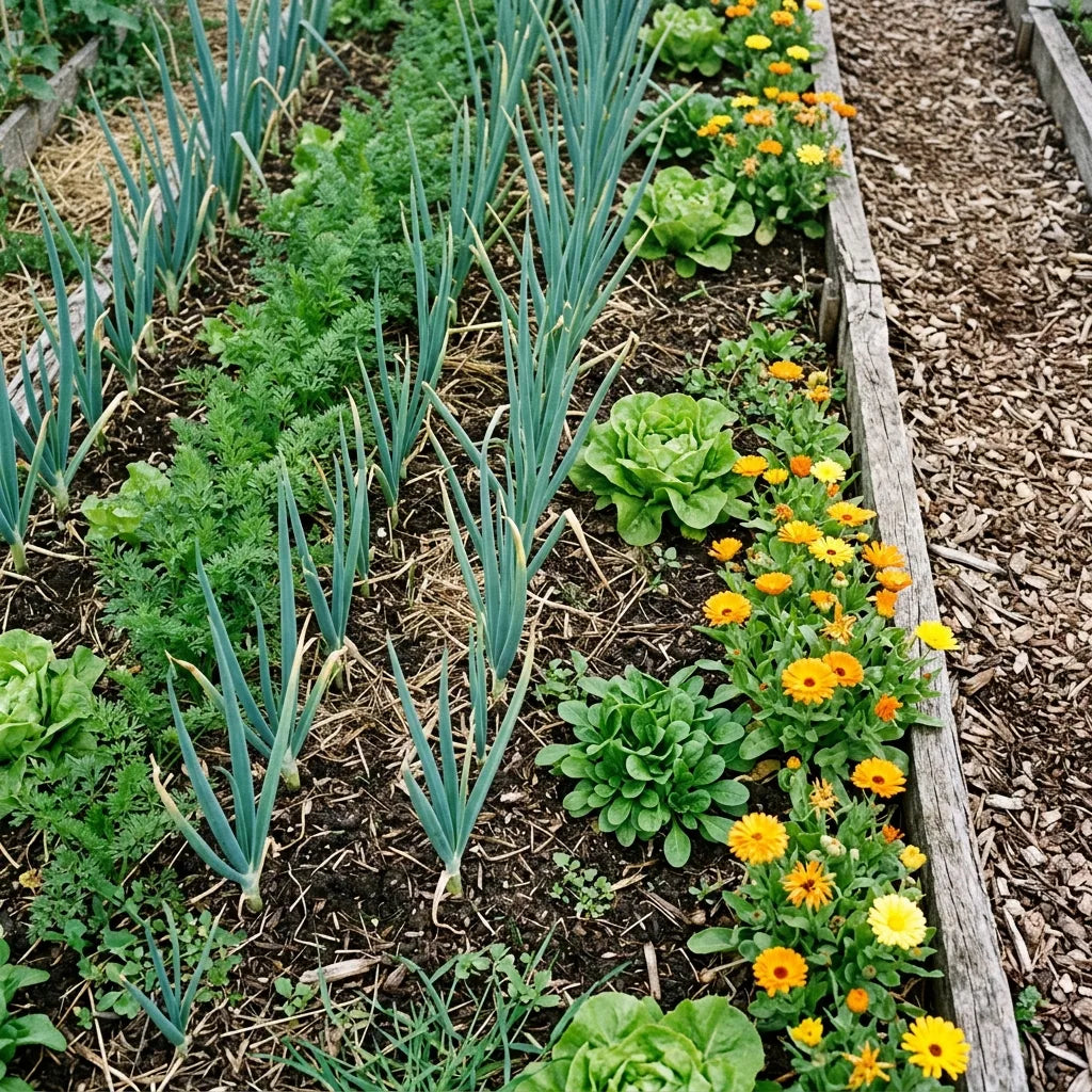 Oignons poireaux associés aux carottes et aux laitues en planche de permaculture — SemiSauvage