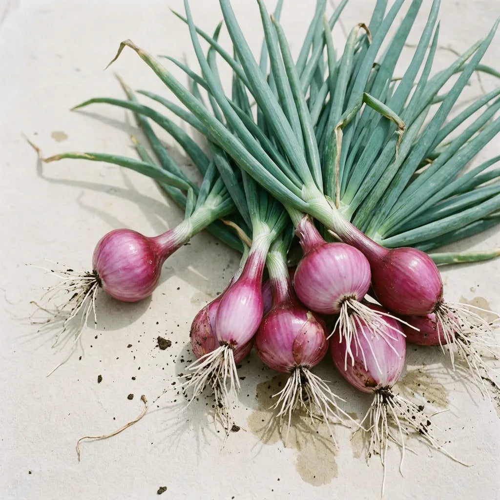 Young freshly picked red onions with their foliage, tender-skinned bulbs without a dry tunic — SemiSauvage