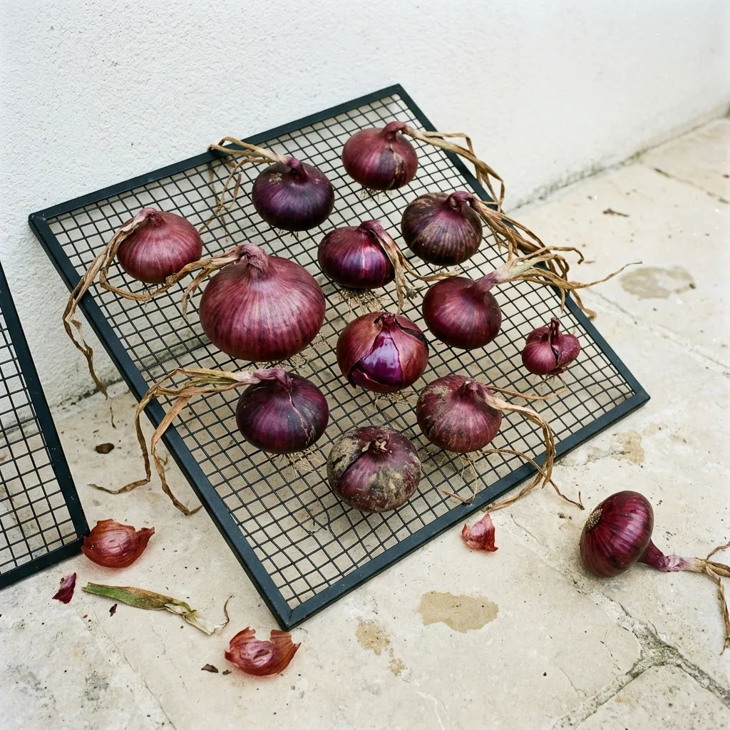 Harvest of red onions spread in a single layer on a black steel rack, with the foliage left attached and laid down — SemiSauvage
