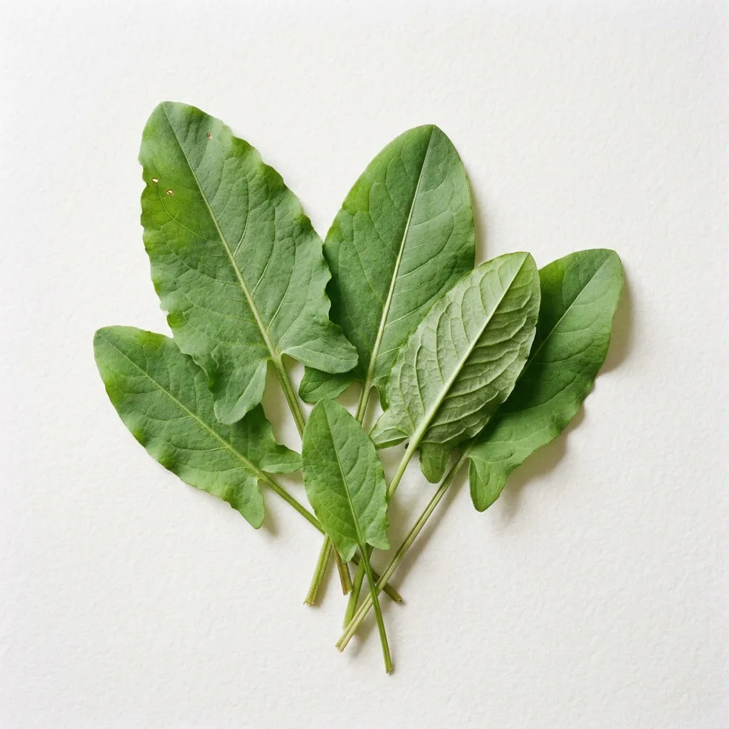 Feuilles d'oseille commune (Rumex acetosa) sur fond blanc : limbes oblongs sagittés en fer de flèche — SemiSauvage