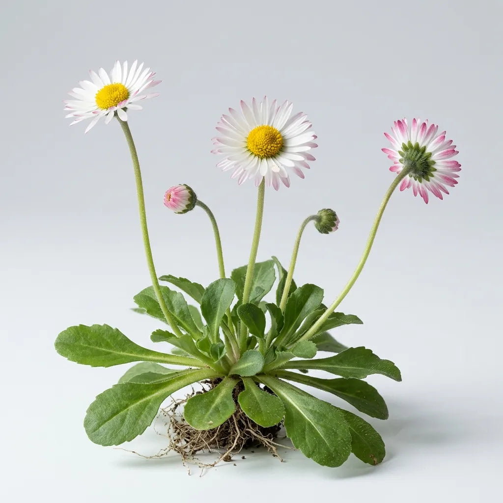 Touffe de pâquerette avec sa rosette de feuilles spatulées et ses hampes nues — SemiSauvage