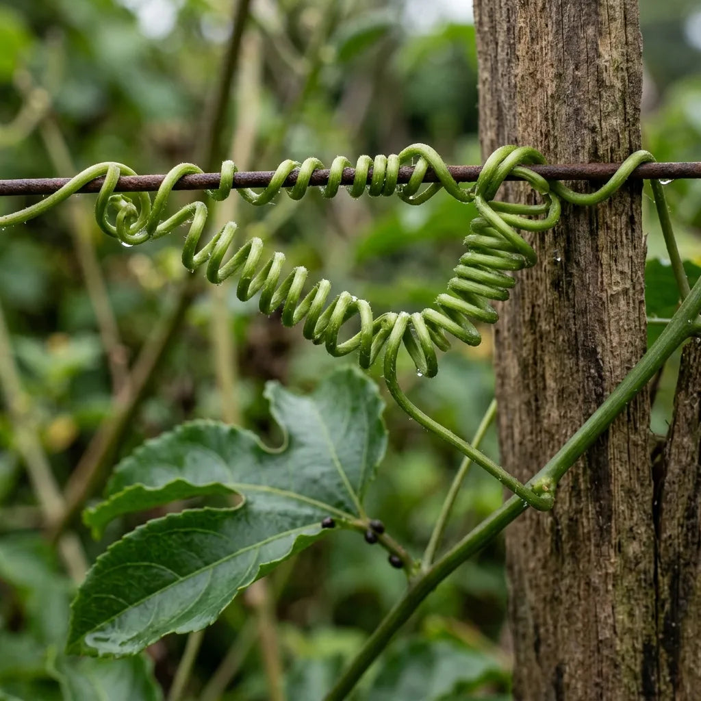 Vrille enroulée de Passiflora edulis accrochée à un fil de palissage, détail botanique — SemiSauvage