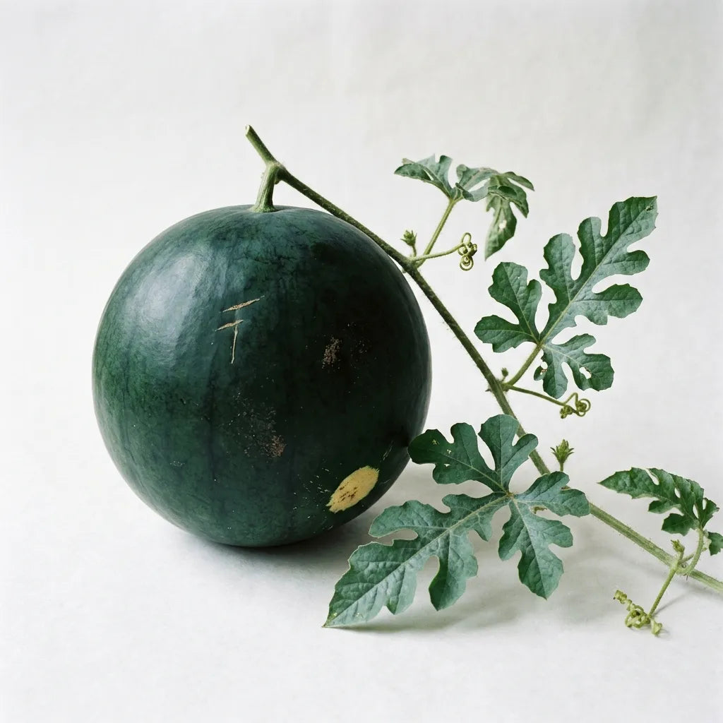 Pastèque Sugar Baby (Citrullus lanatus) entière à écorce vert foncé, avec tige feuillue et vrille, sur fond blanc — SemiSauvage