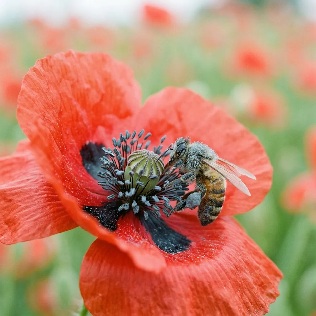 一只沾满灰蓝色花粉的蜜蜂正在 Ladybird 虞美人花心采蜜 — SemiSauvage