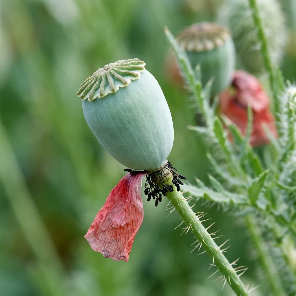 戴着放射状柱头盘的 Ladybird 虞美人幼嫩光滑蒴果 — SemiSauvage