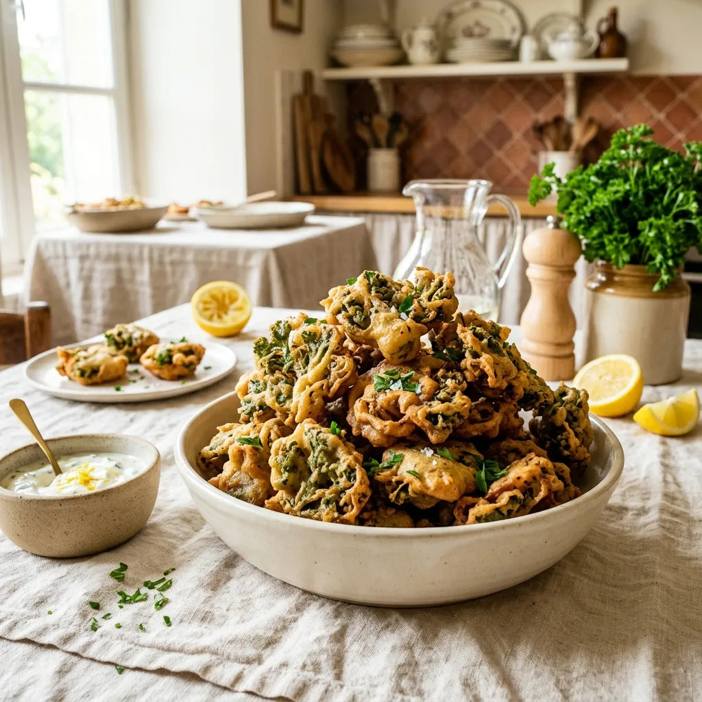 Beignets de persil frisé croustillants dans un plat de céramique artisanale