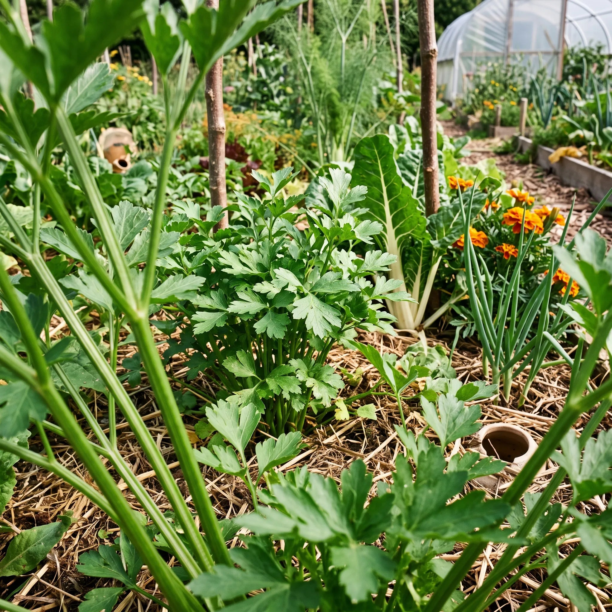 Rang de persil plat au potager sur sol paillé, vue traversante à travers les pétioles