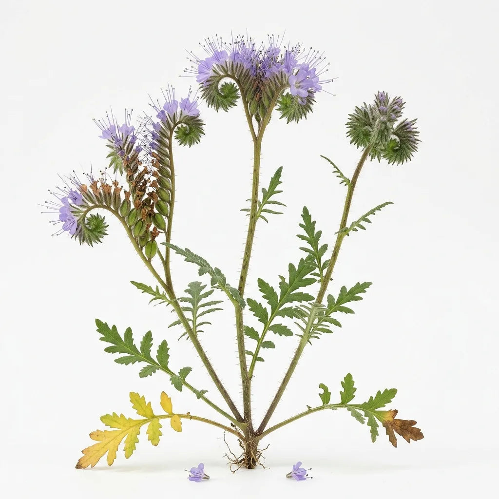 Plante entière de phacélie (Phacelia tanacetifolia) et ses cymes enroulées, sur fond blanc — SemiSauvage
