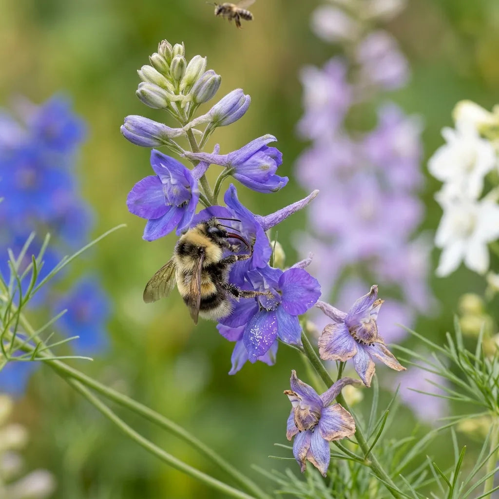 蜜源植物である矮性デルフィニウムの花穂で蜜を集めるマルハナバチ - SemiSauvage