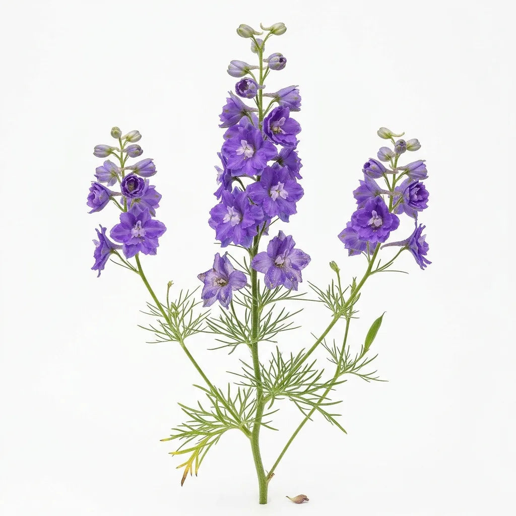 Plante entière de pied d'alouette nain (Consolida ajacis) à fleurs doubles bleues sur fond blanc — SemiSauvage