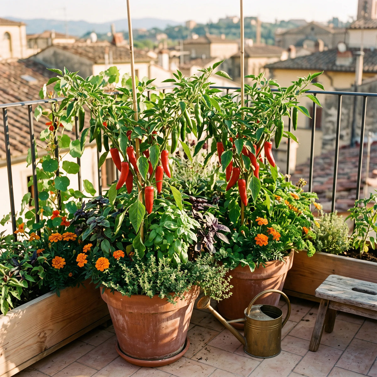 Culture du piment Kashmiri en pot sur une terrasse, associé au basilic, thym et œillets d'Inde