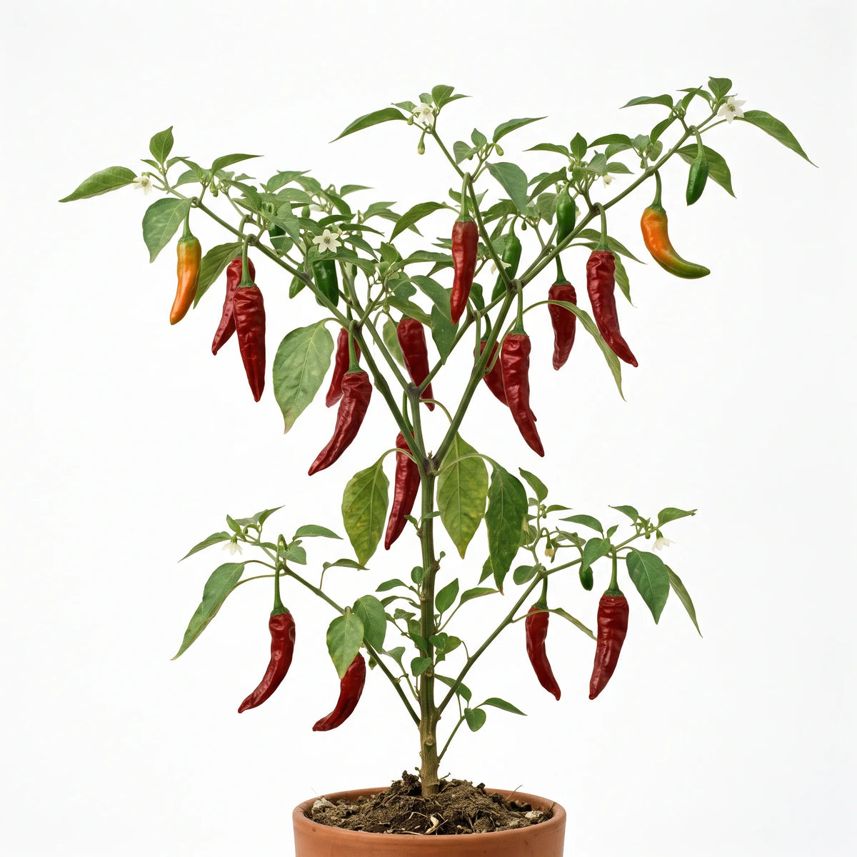 Plante entière de piment Kashmiri (Capsicum annuum) sur fond blanc avec fruits, feuilles et fleurs