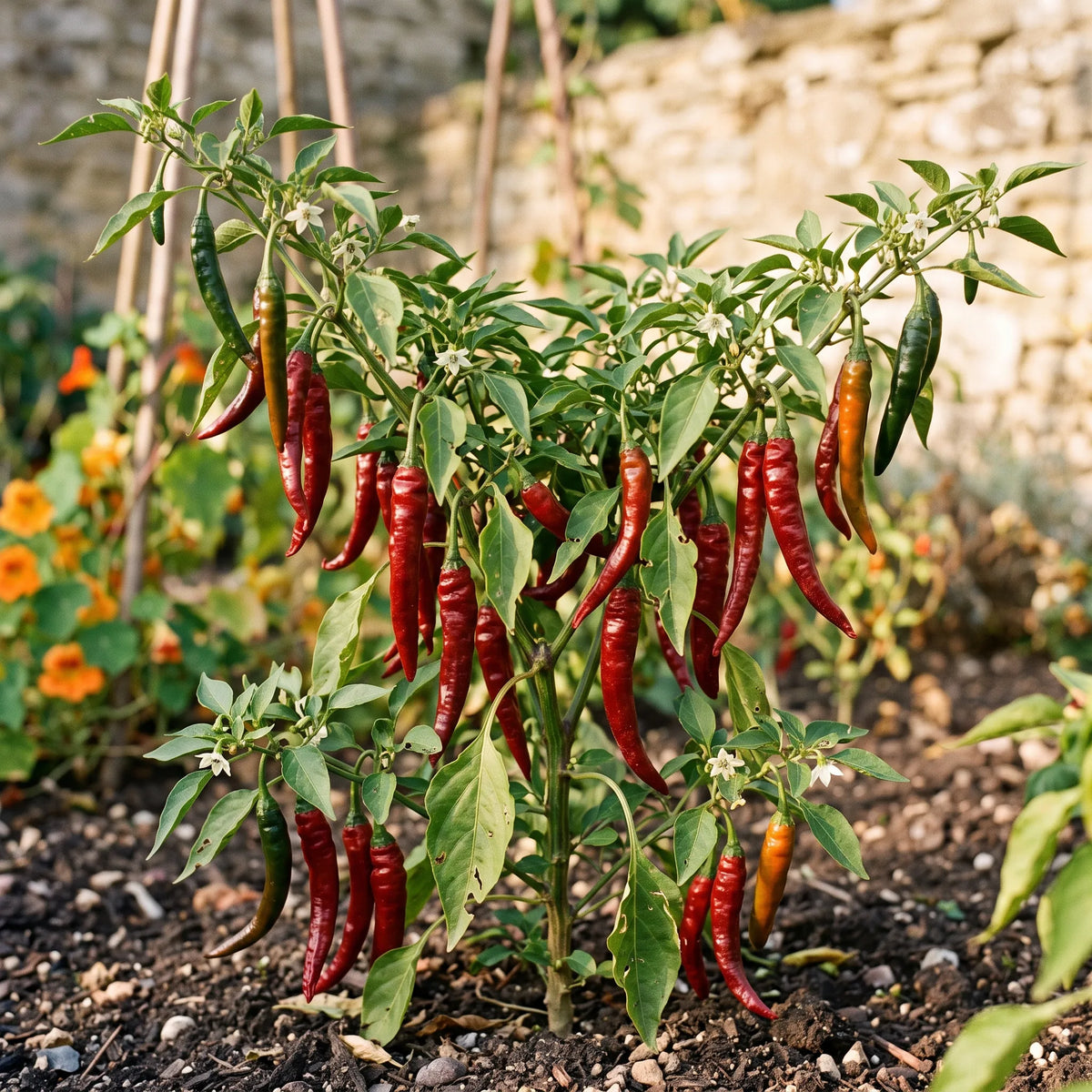 Pied de piment Kashmiri chargé de fruits rouges effilés au potager, graines reproductibles SemiSauvage