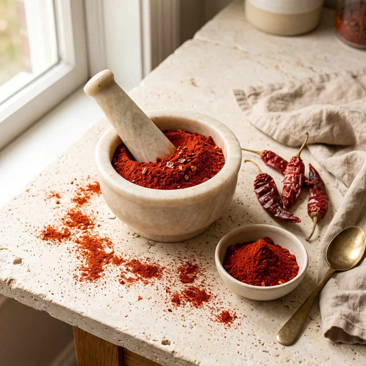 Poudre de piment Kashmiri rouge vermillon fraîchement moulue dans un mortier de marbre