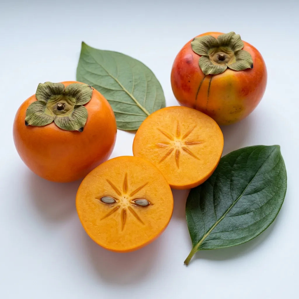 Fruits de plaqueminier Diospyros kaki entiers et coupe transversale sur fond blanc, chair orange et pepins plats