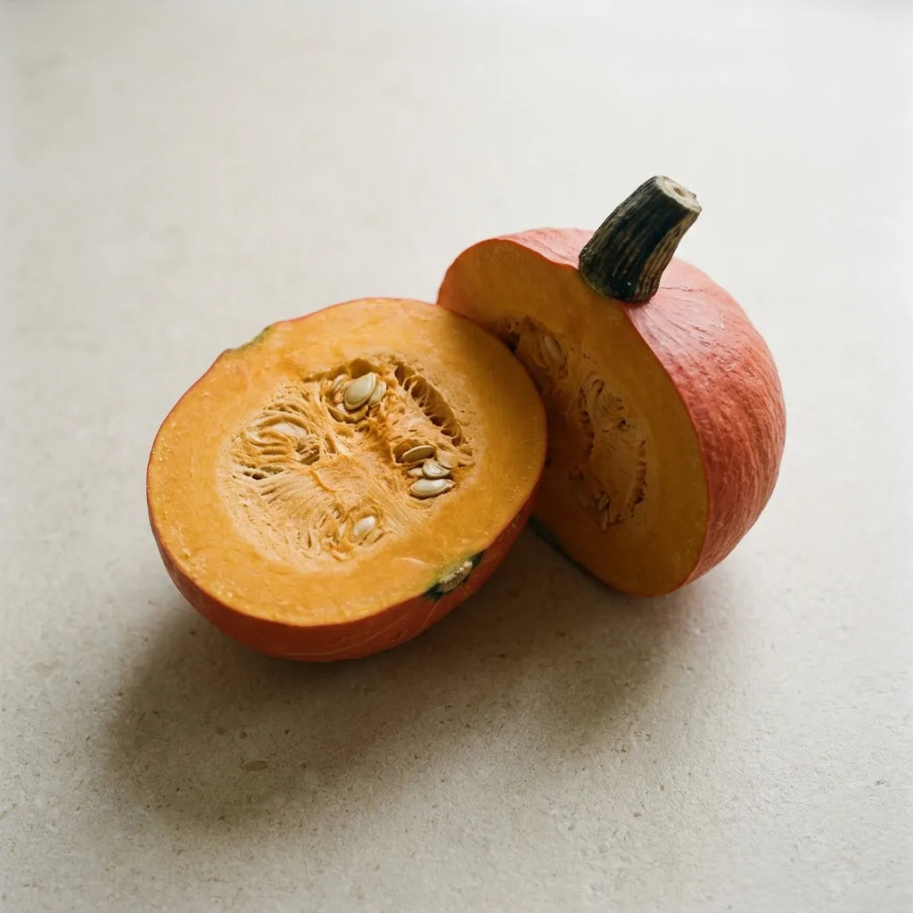 Potimarron coupé montrant sa chair orange dense et sa peau fine comestible — SemiSauvage