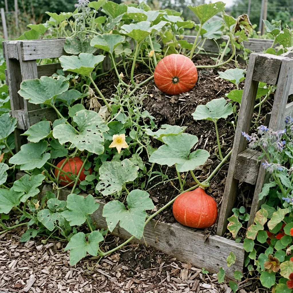 Potimarrons cultivés sur un tas de compost en potager de permaculture — SemiSauvage