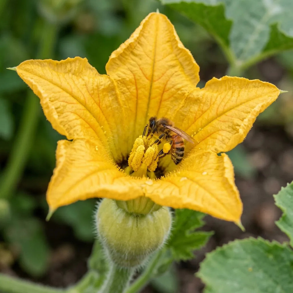 Abeille dans une fleur femelle de potimarron, ovaire déjà en toupie — SemiSauvage