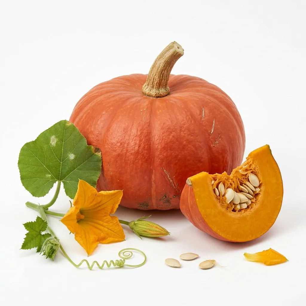 Potiron entier, quartier coupé, fleur et feuille de Cucurbita maxima sur fond blanc — SemiSauvage
