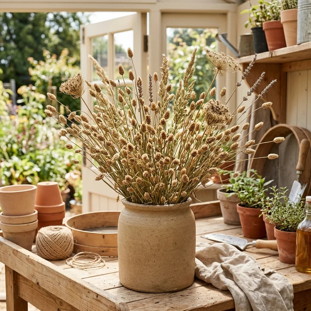 Bouquet sec d'épis de psyllium brun dans un pot de grès, atelier de jardin