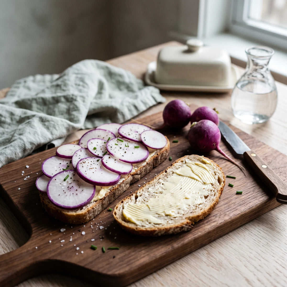 Buttered bread slices topped with thin slices of round purple radish