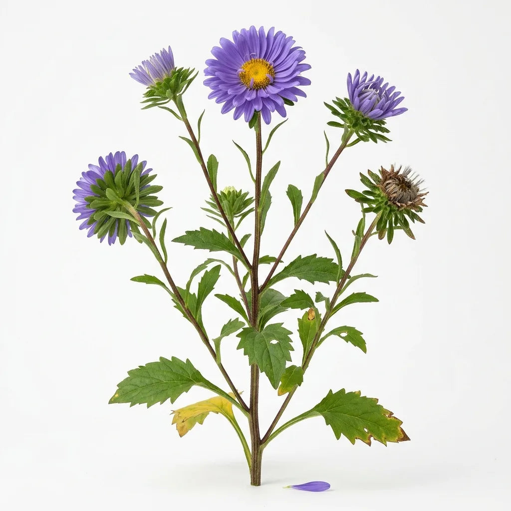 Plante entière de reine-marguerite (Callistephus chinensis) à fleurs bleu violet sur fond blanc — SemiSauvage
