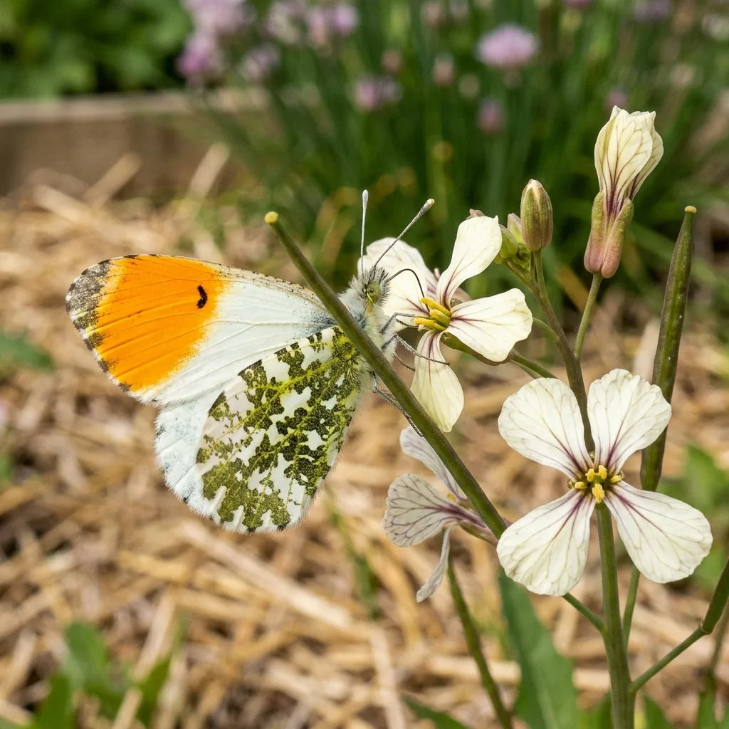 Papillon aurore posé sur une fleur de roquette au printemps — SemiSauvage