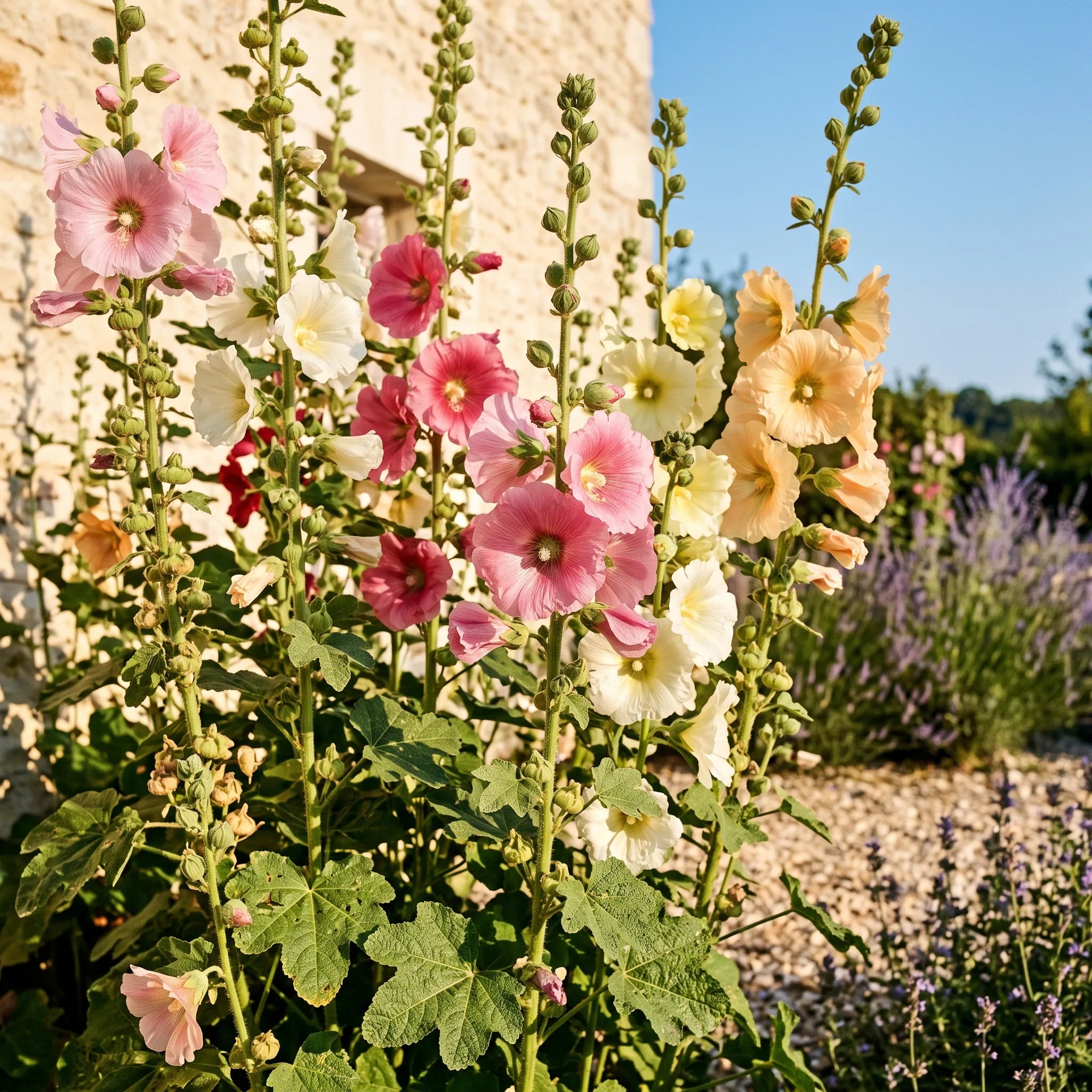 Hampes fleuries de rose trémière adossées à un mur de pierre claire en été