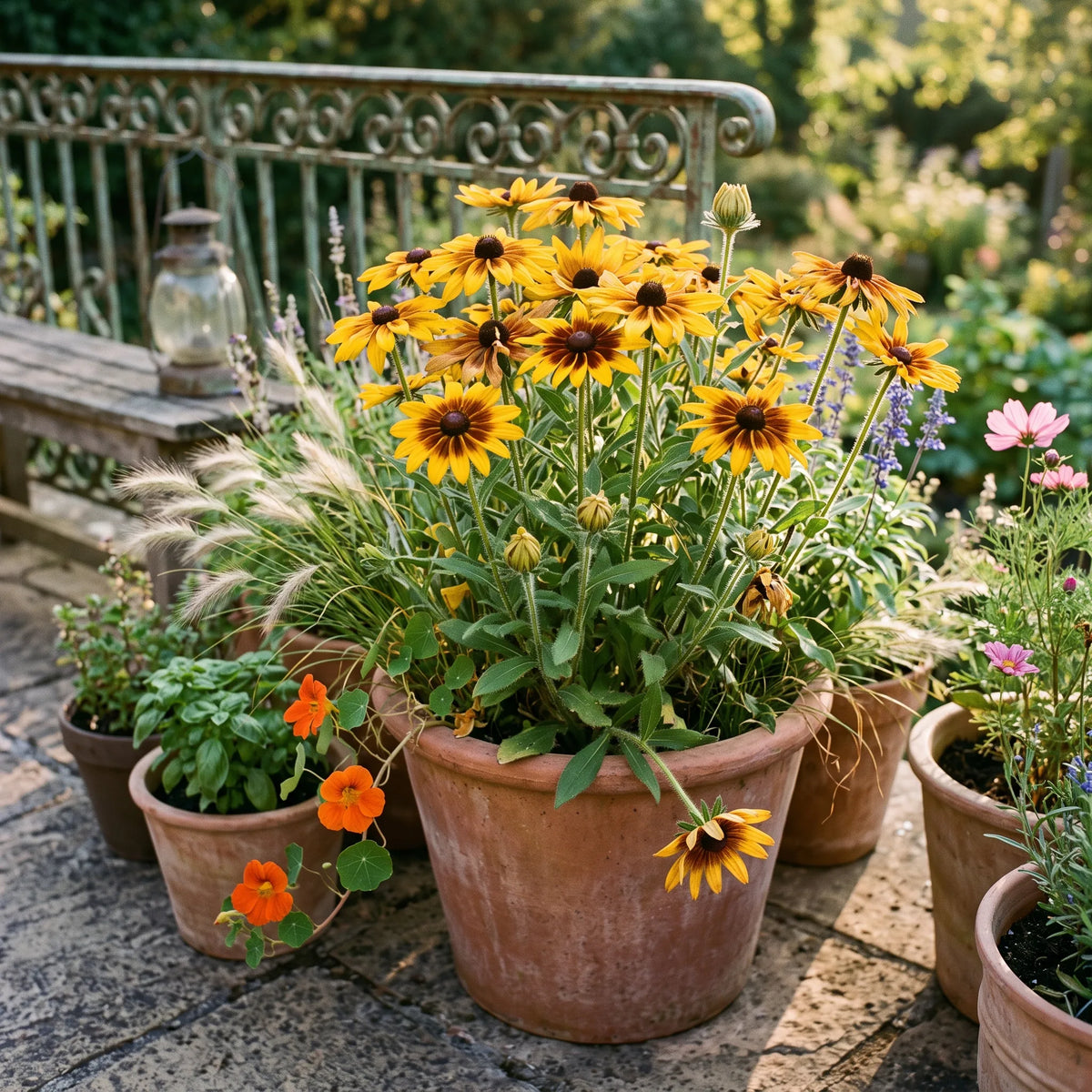 露台上的大型花盆Rudbeckia组合盆栽,展现永续农业风格