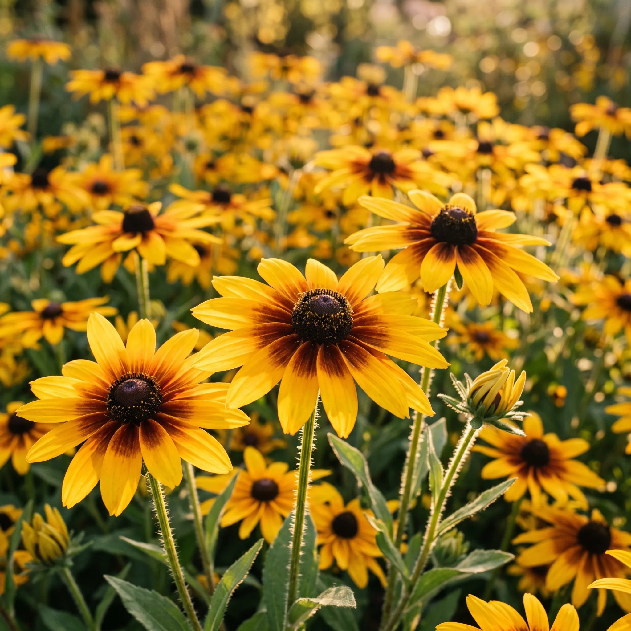 Nappe dorée de rudbeckias Gloriosa Daisy en pleine floraison, lumière de fin de journée