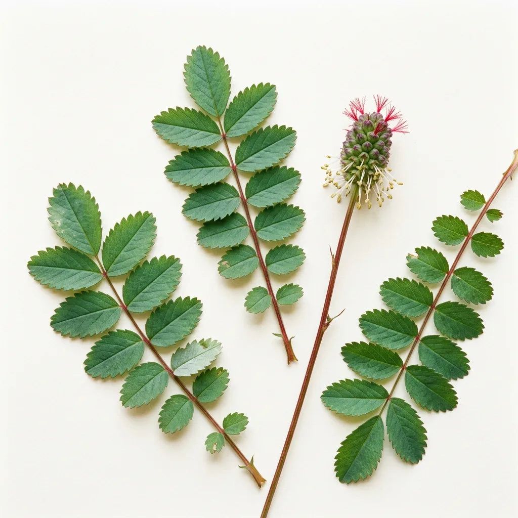 Petite pimprenelle (Sanguisorba minor) sur fond blanc : feuilles composées à folioles dentées et hampe à capitule — SemiSauvage