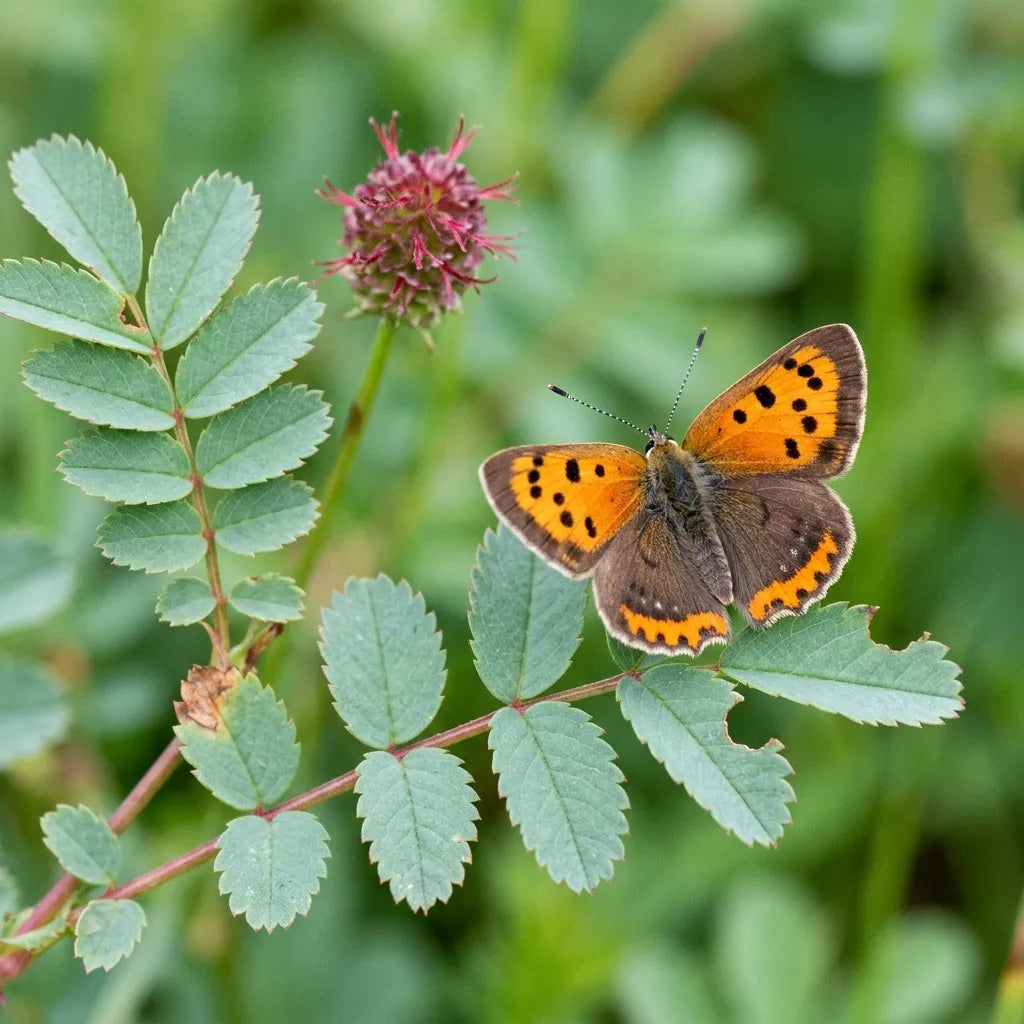 Papillon cuivré commun posé sur le feuillage de la petite pimprenelle — SemiSauvage