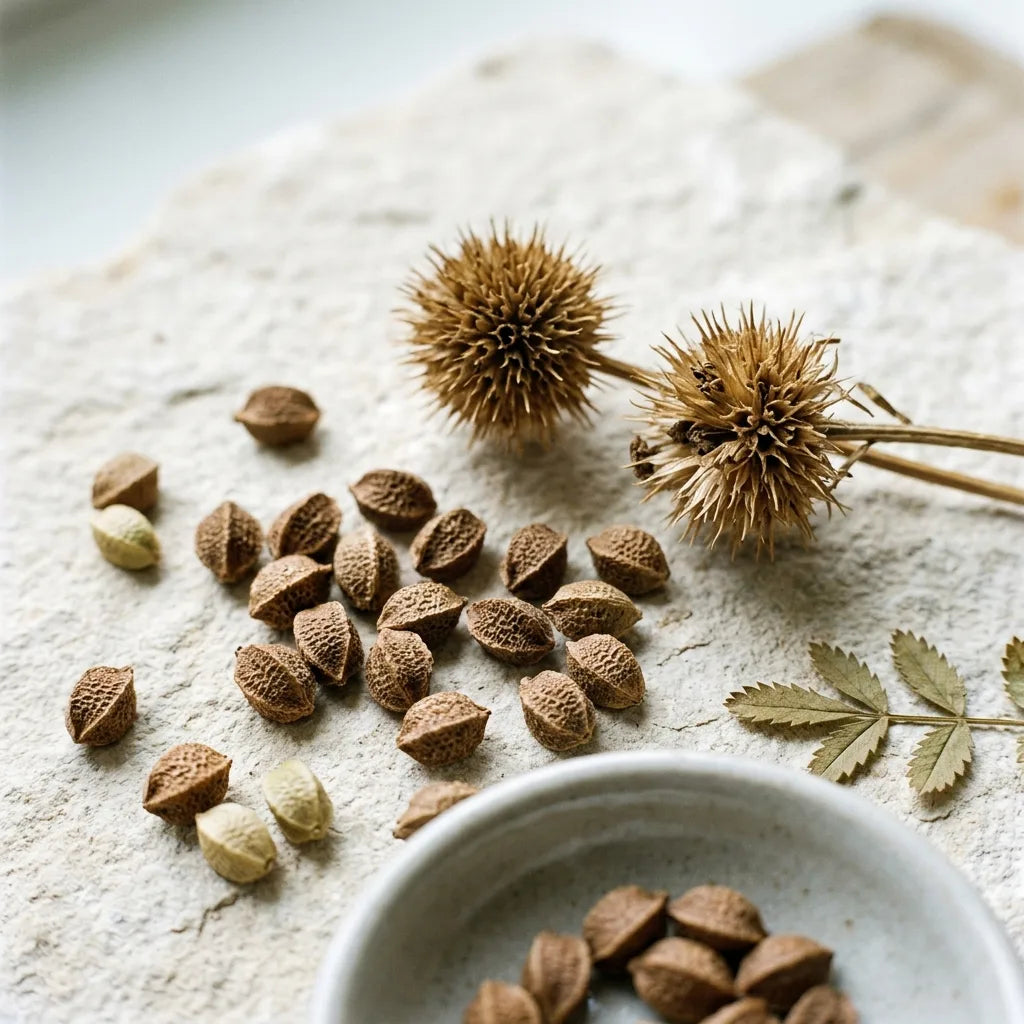 Récolte des graines : capitules secs et fruits bruns à quatre angles réticulés — SemiSauvage