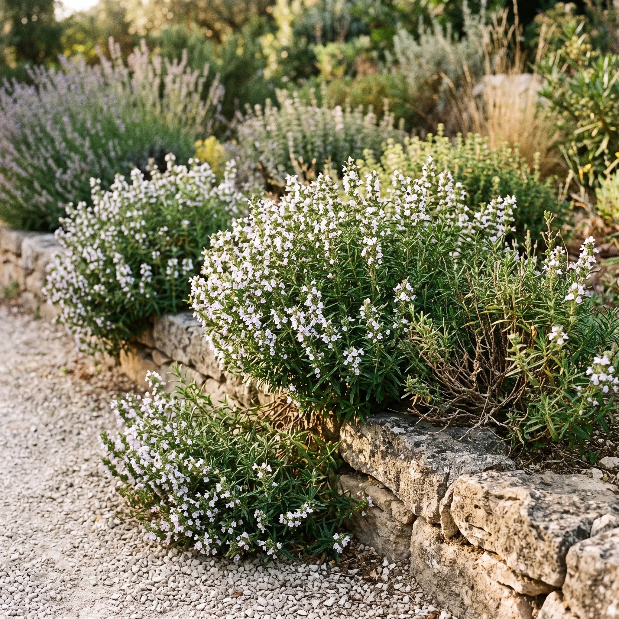 Sarriette vivace en bordure sèche le long d'un muret de pierres, en pleine floraison