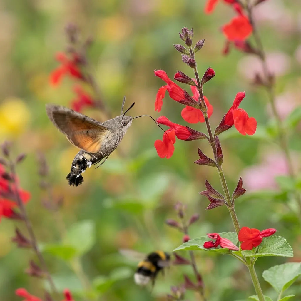 Moro-sphinx butinant en vol les fleurs de sauge rouge écarlate — SemiSauvage