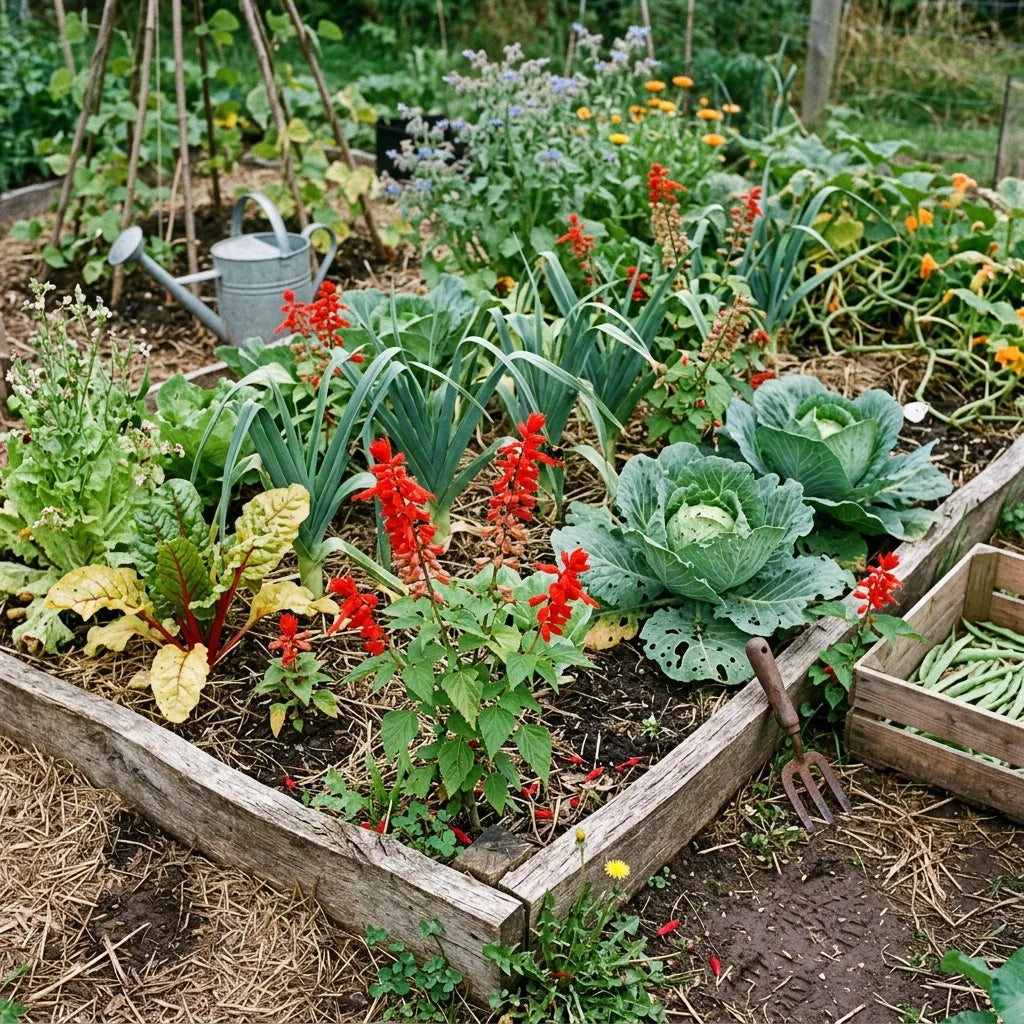 Sauge rouge écarlate mêlée aux légumes d'un potager en permaculture — SemiSauvage