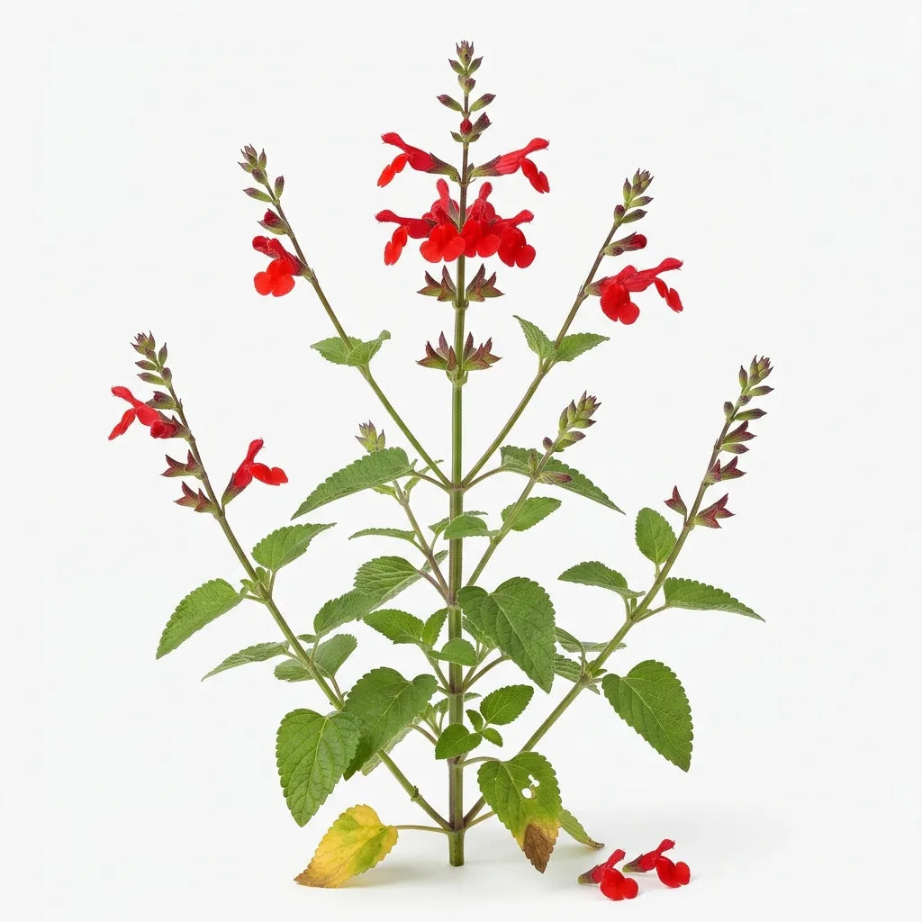 Plante entière de sauge rouge écarlate (Salvia coccinea) en fleurs sur fond blanc — SemiSauvage