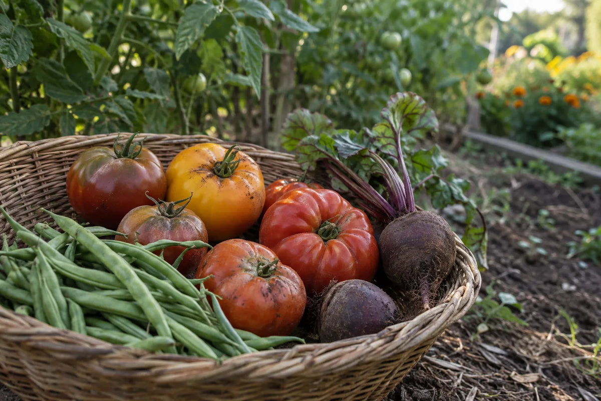 Panier de tomates aux couleurs variées, de betteraves et de haricots fraîchement récoltés.