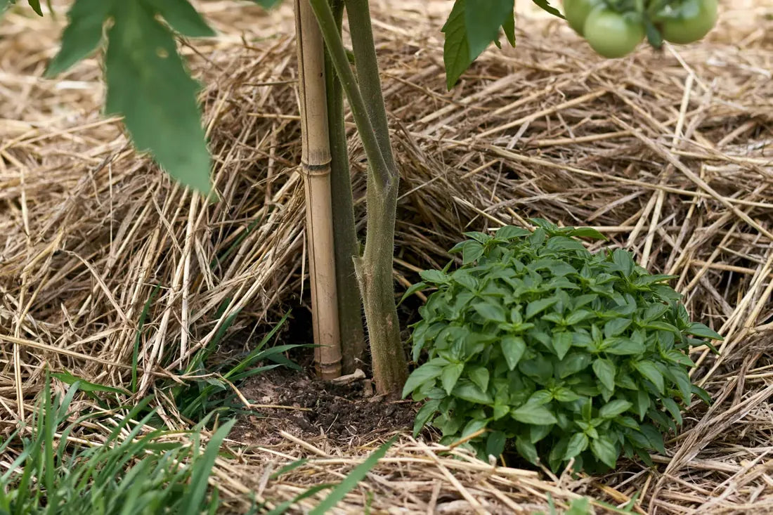 Basilikum plantet i nærheden af en tomatplante på jord dækket med barkflis.