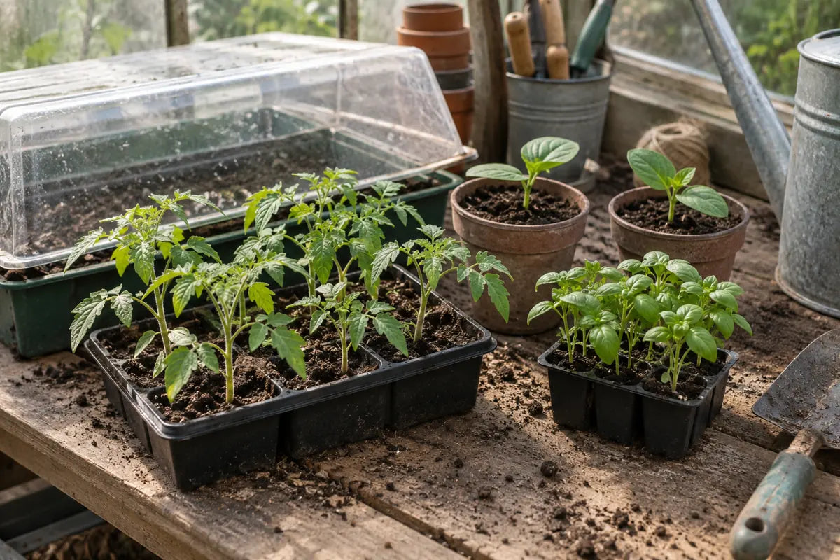Jeunes plants de tomates, de basilic et de cucurbitacées en godets sur une table de serre.