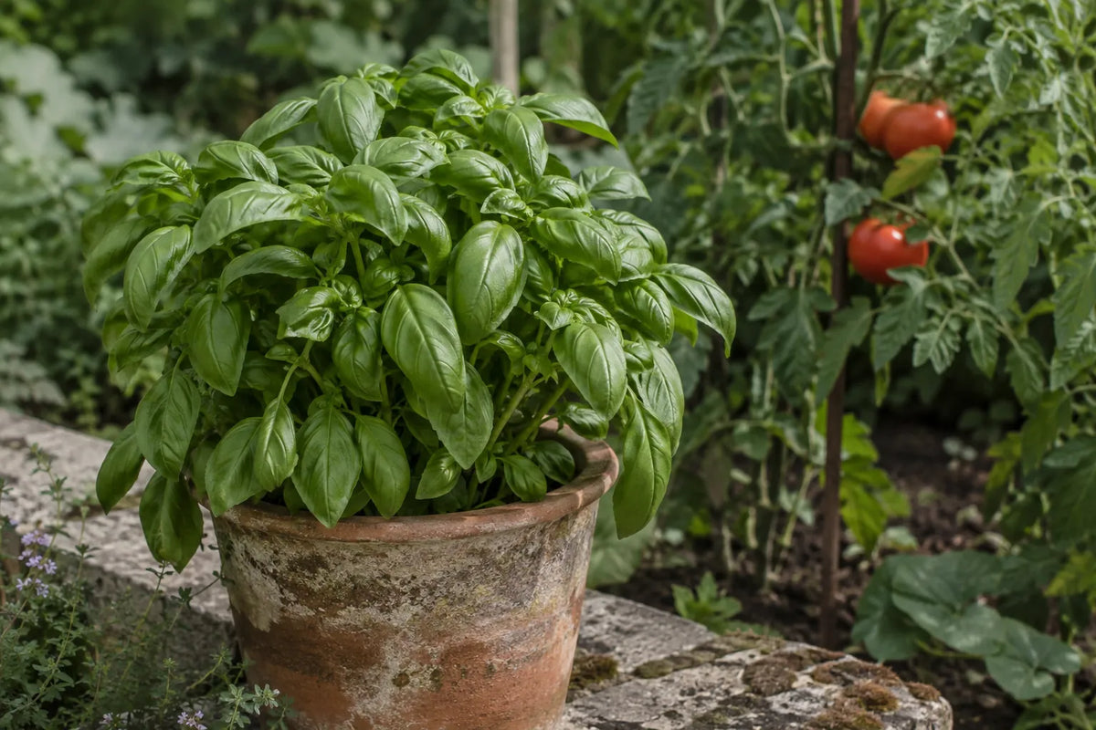 Basilic au feuillage vert dans un pot en terre cuite, près de plants de tomates.