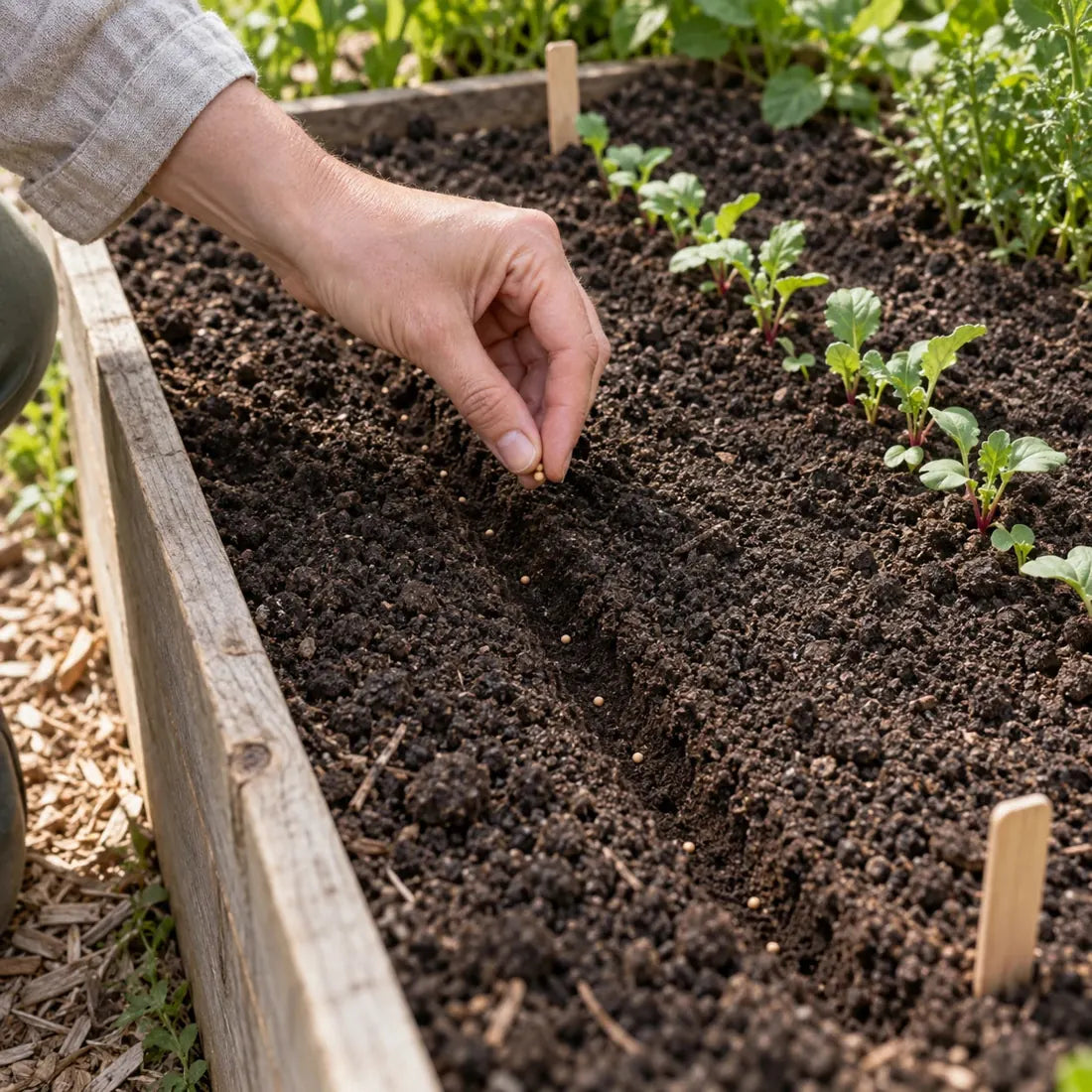Une main dépose des graines de radis dans un sillon de terre fine au potager.