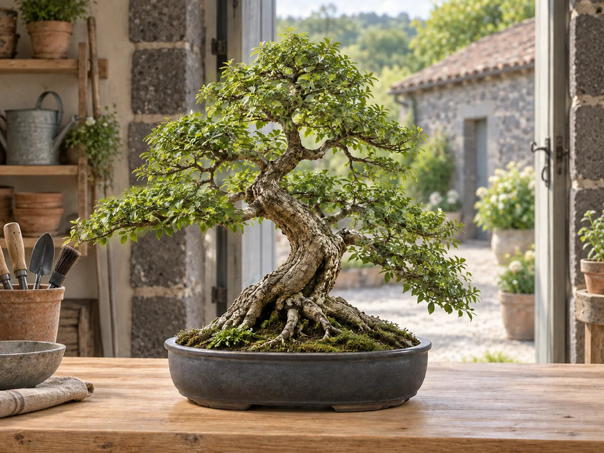 Bonsaï en pot dans un atelier ouvert sur une cour en pierre.