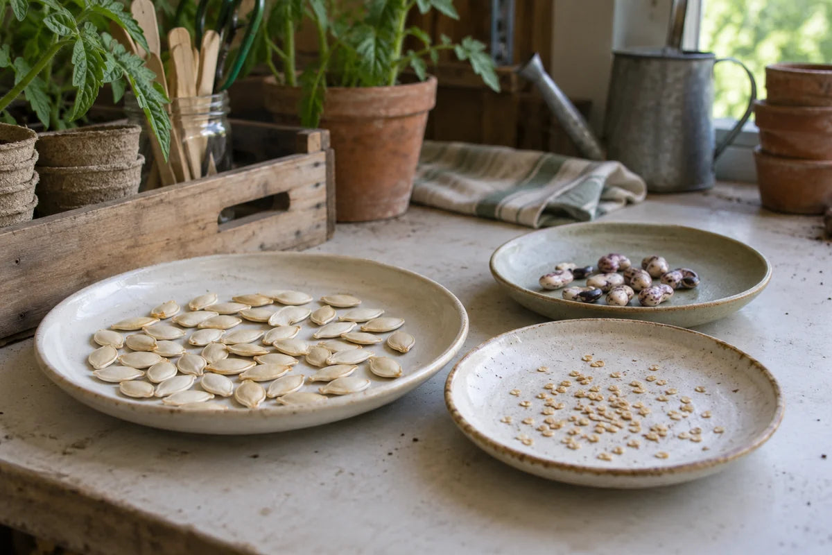 Graines de courge, de tomate et de haricot réparties dans trois assiettes pour le séchage.
