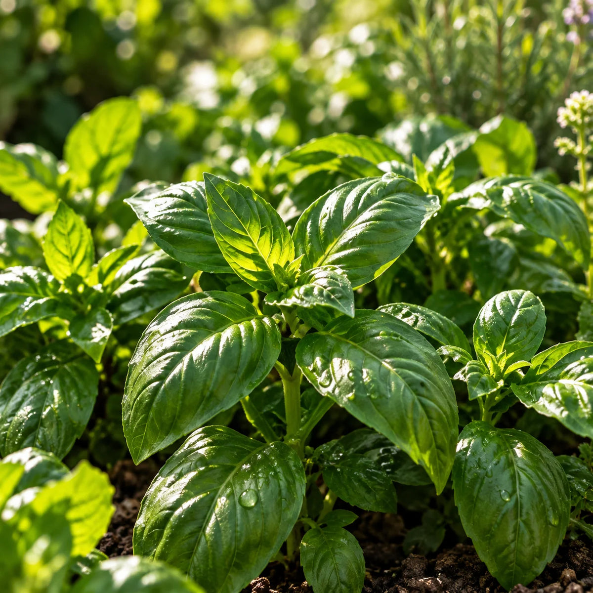 Feuilles fraîches de basilic dans un jardin aromatique