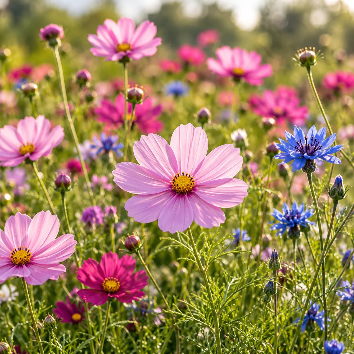 Cosmos roses et fleurs bleues dans un jardin fleuri