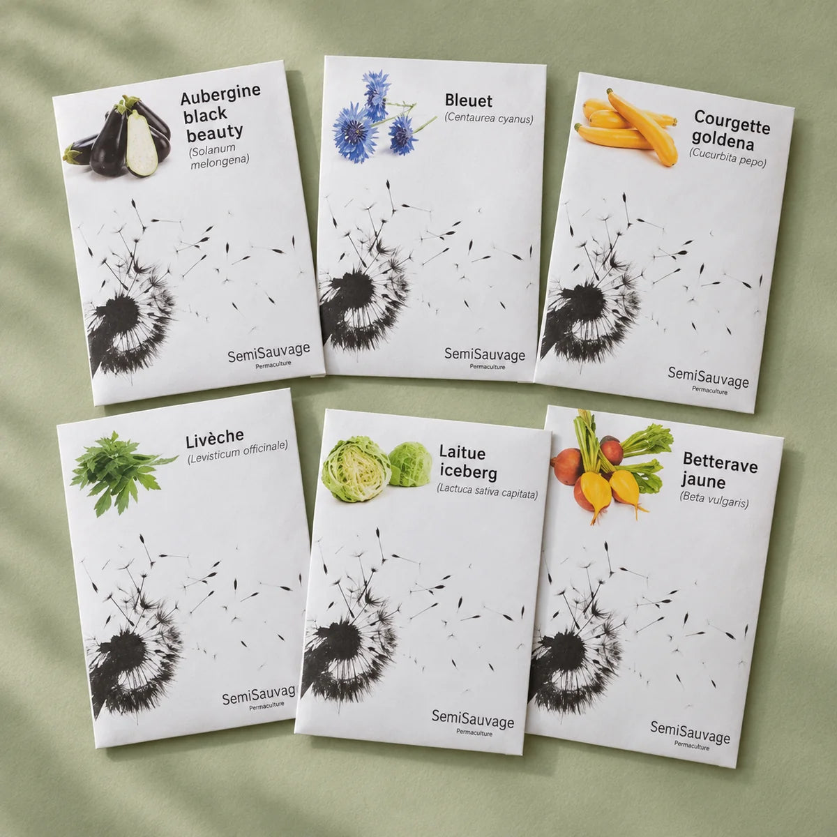 Présentation de six sachets de graines en papier SemiSauvage sur un fond sauge clair.
