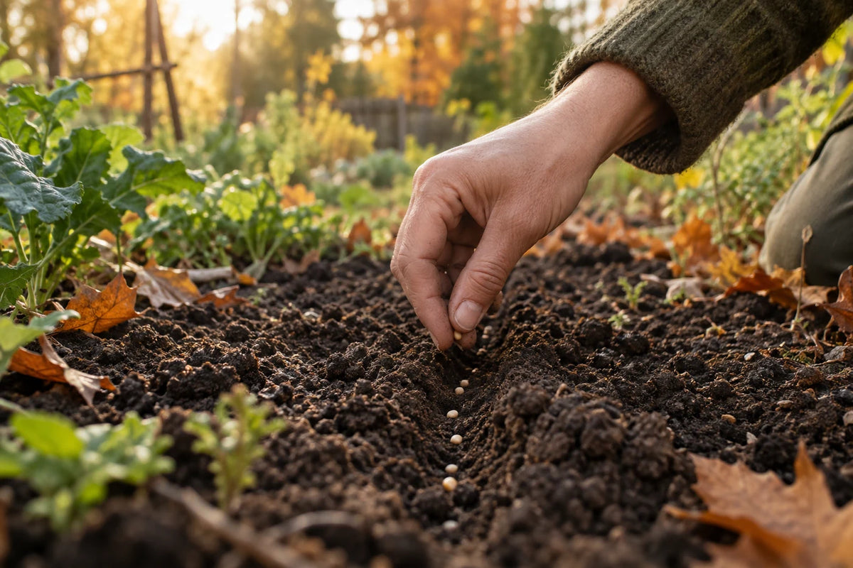 Une main dépose des graines dans la terre d’un potager.